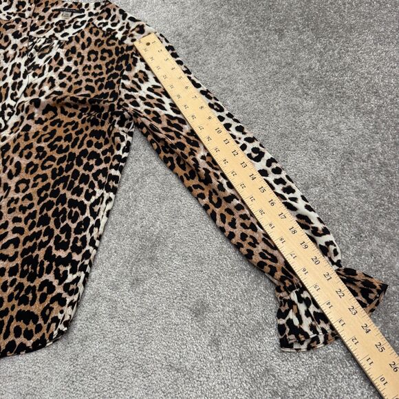 Tahari Leopard Button Down Blouse Women Medium Brown Collarless Long Sleeve NWOT - Picture 12 of 13